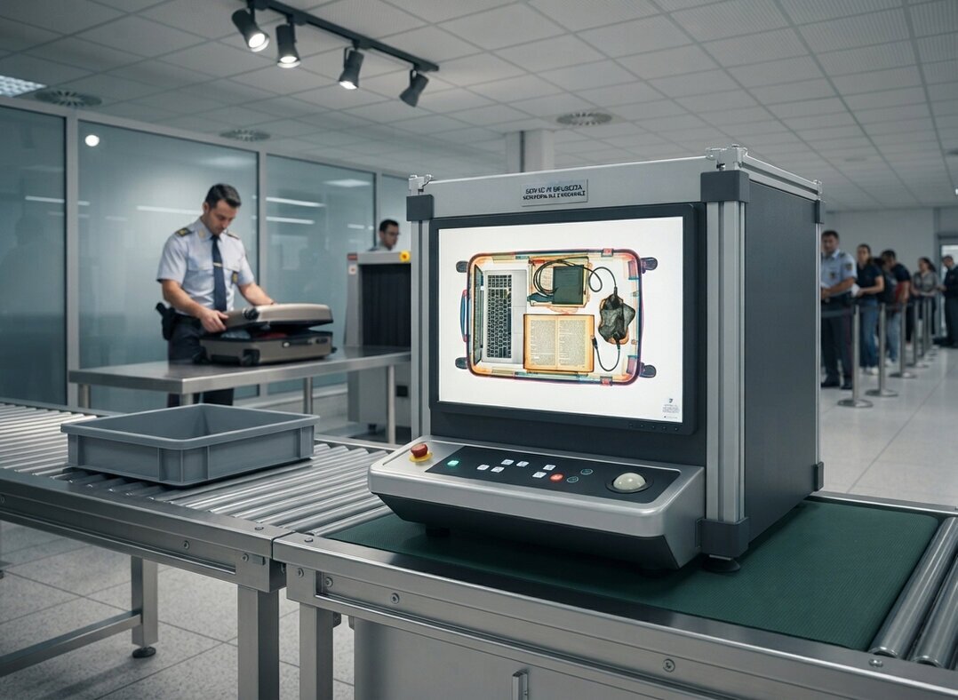 Area di controllo bagagli con scanner a raggi X in aeroporto