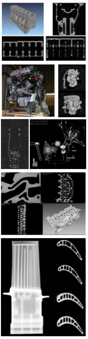 Varie immagini Tomografiche di componenti Immagini tomografiche computerizzata industriale, blocco motore e paletta di turbina