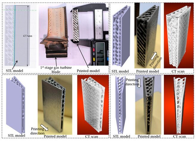 Complex gas turbine cooling structures fabricated using the SLM method."