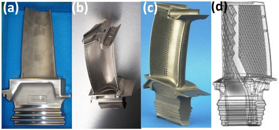 Various turbine blades produced by additive manufacturing. (a) Blade with cooling passage at the edge, (b) blade with cooling passage at both the edge and in the central part, (c) high pressure turbine (HPT) blade [6] and (d) complex efficient cooling blade