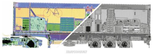 Immagine interna di un camion ai raggi-X a colori e bianco e nero