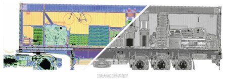 Immagine interna di un camion ai raggi-X a colori e bianco e nero