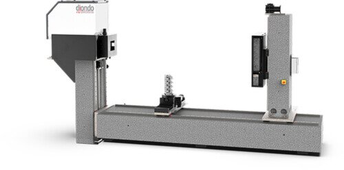 Vista del sistema Diondo d7, il tomografo CT industriale di Xrayconsult con Linac 9 MeV per ispezioni su materiali ad altissima densità, come grandi pezzi in acciaio e titanio.