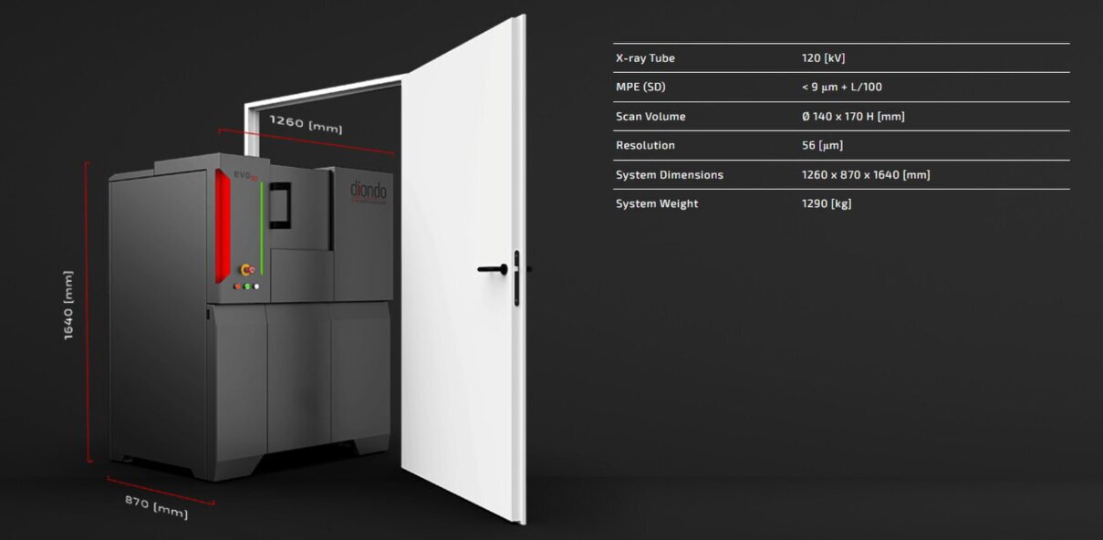Specifiche tecniche sistema tomografia Diondo dsub volume scansione 5mm risoluzione sub-micrometrica 0.3 micron