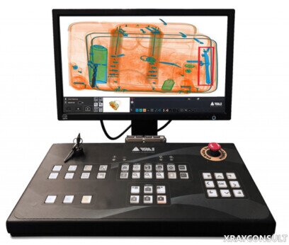 Sicurezza, postazione con 2 monitor dello scanner raggi-x per controllo pacchi