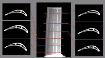 Analisi tomografica sezione di pala per turbina Sezione tomografia computerizzata industriale su pala per turbina