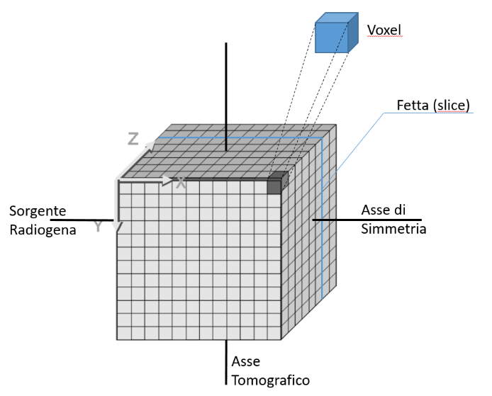 vista dei Voxel che compongono un solido Assi di riferimento della Tomografia e Voxel